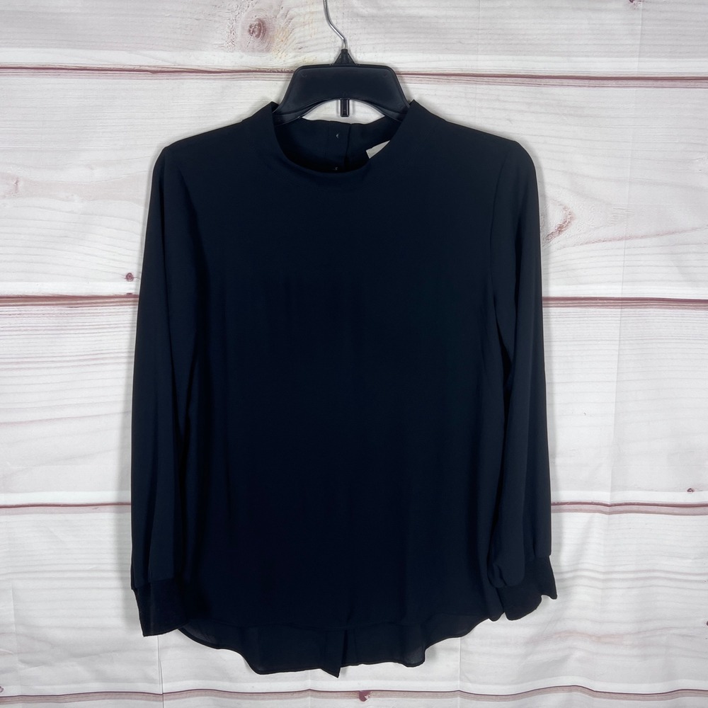 LOFT Mock Neck Blouse Women XS Black Solid Long Sleeve Button Back Modest Career